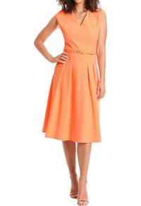 London Times - V-neck Tucked Midi With Belt Dress