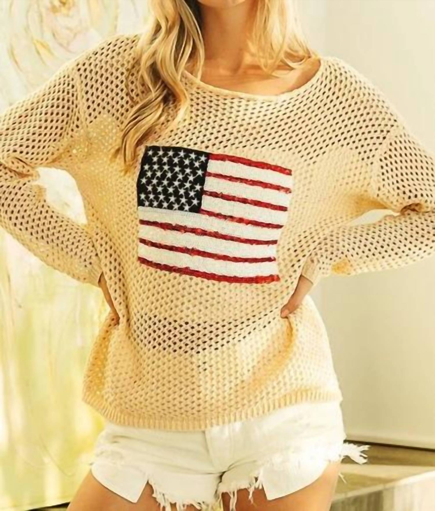 Bibi - Sequin American Flag Patch Cover Up Tee