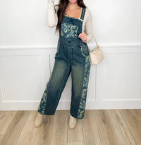 Easel - Floral Print Patchwork Overalls