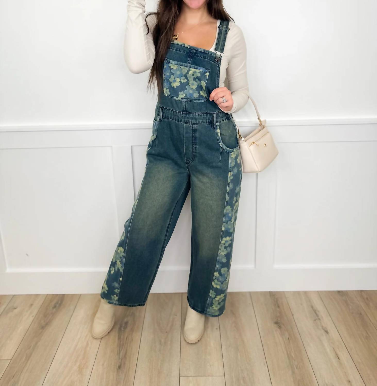 Easel - Floral Print Patchwork Overalls