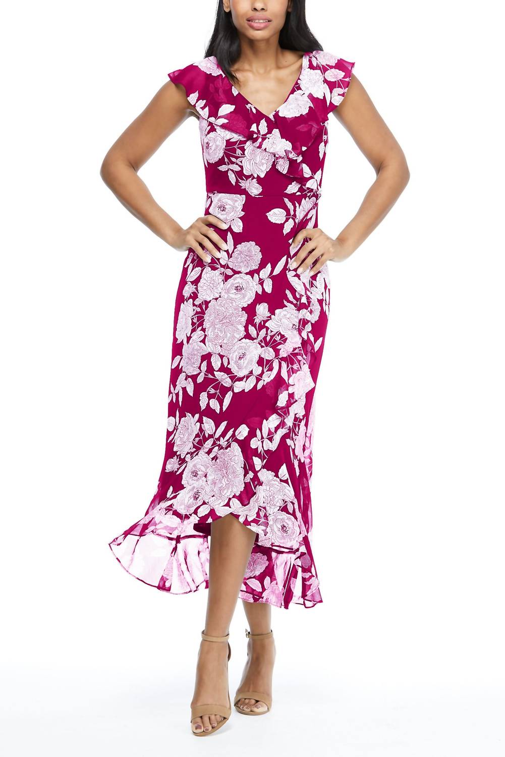 London Times - V-neck Ruffled Floral Print Chiffon Maxi Dress