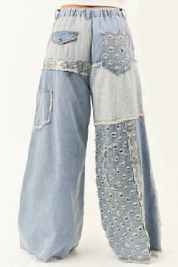 Pol - Patchwork Raw Edge Lace Accent Wide Leg Pants