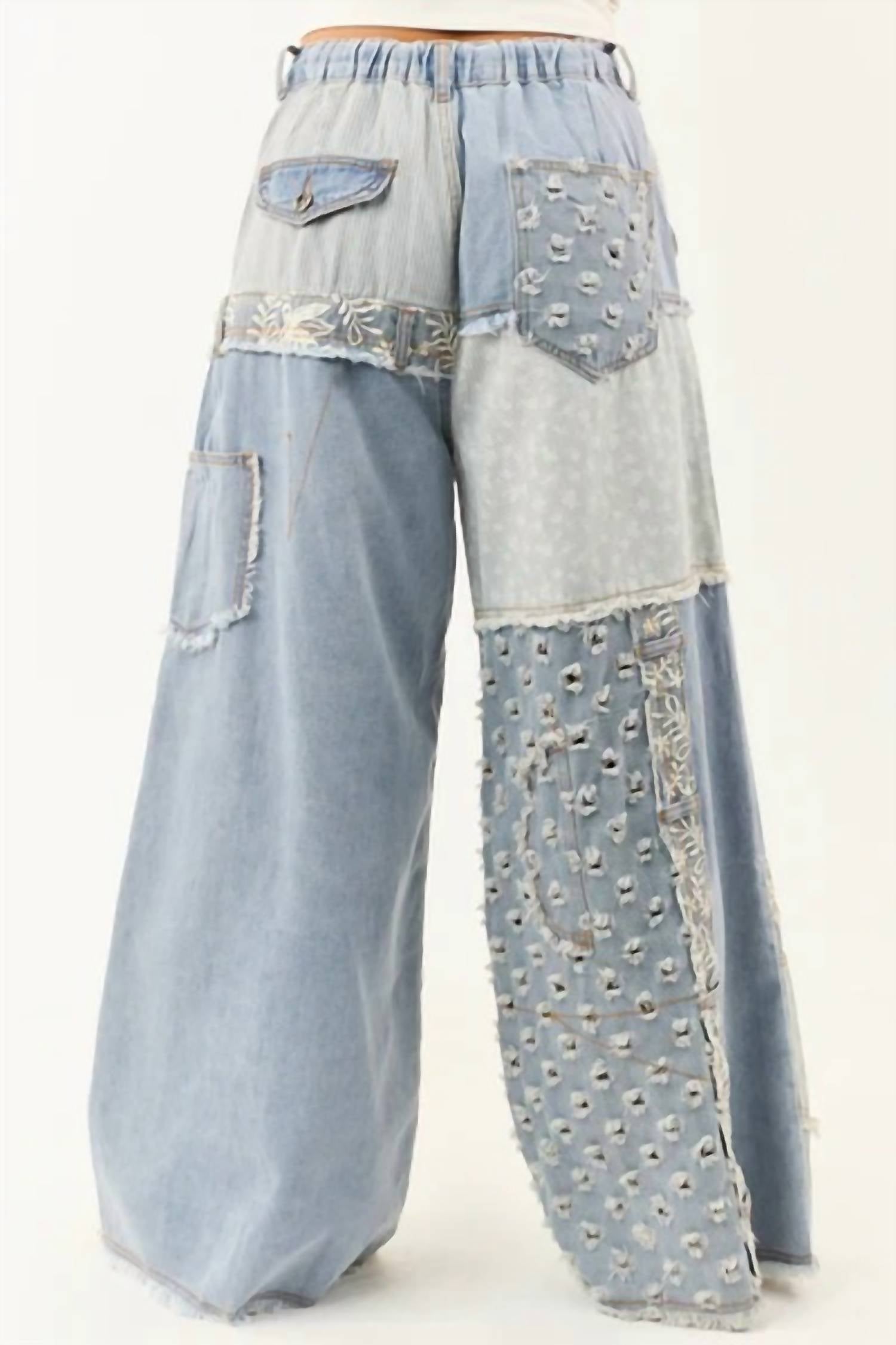 Pol - Patchwork Raw Edge Lace Accent Wide Leg Pants