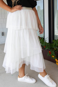 mystree Whimsical Layers Asymetrical Ruffle Tulle Midi Skirt in cream - women's skirt - detail view