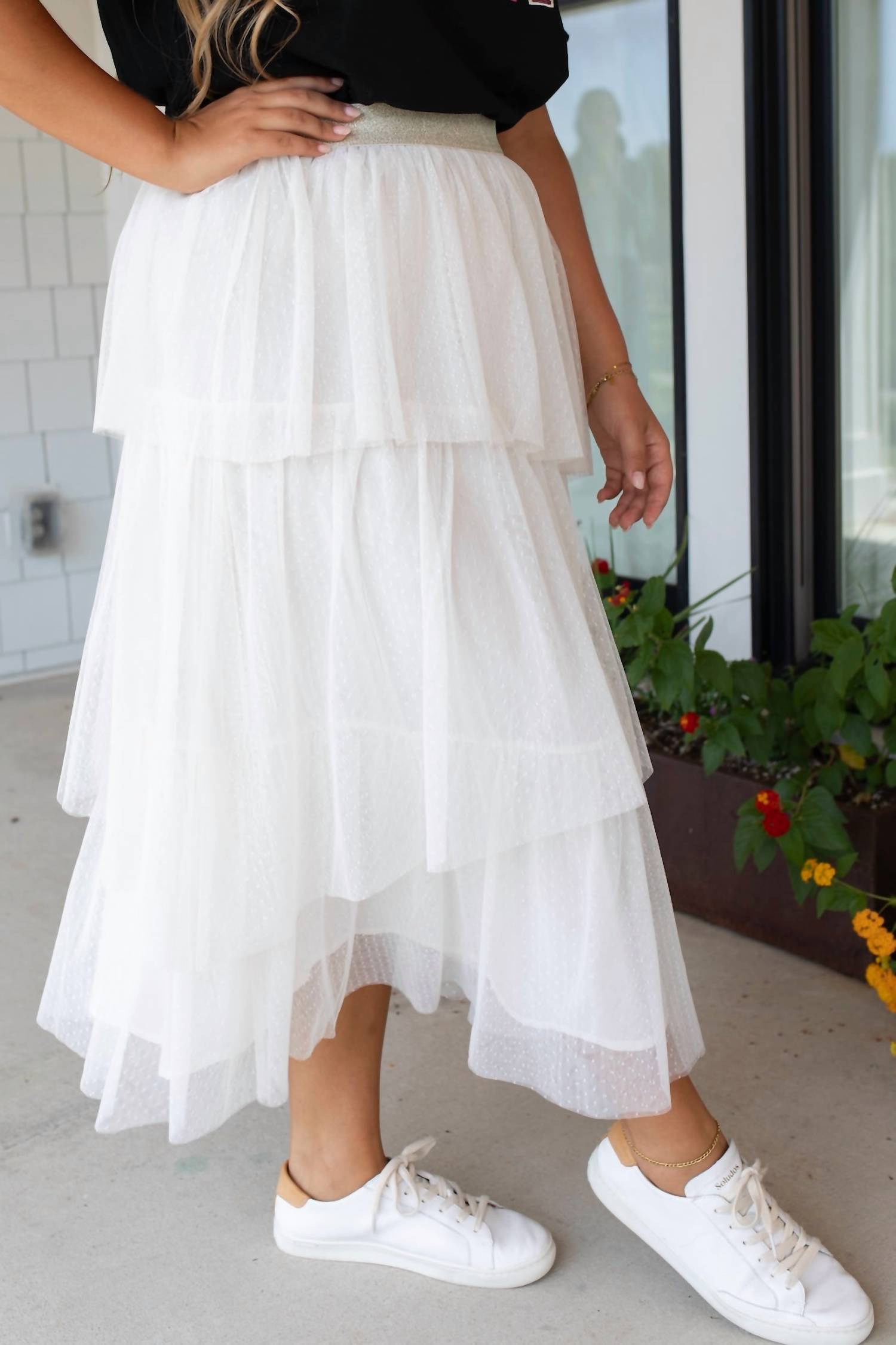 mystree Whimsical Layers Asymetrical Ruffle Tulle Midi Skirt in cream - women's skirt - detail view