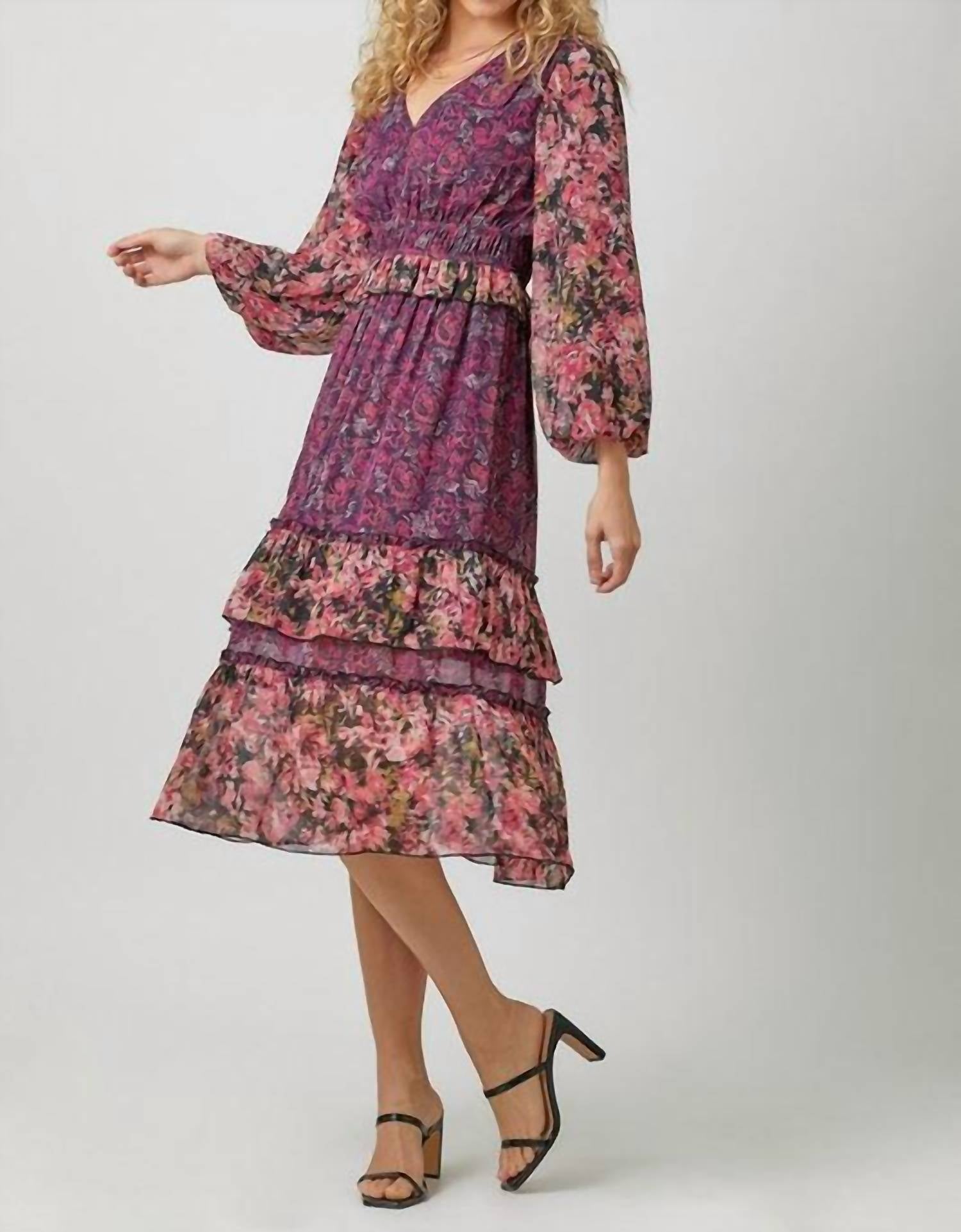 mystree Floral Fix Midi Dress in burgundy - women's dress - detail view