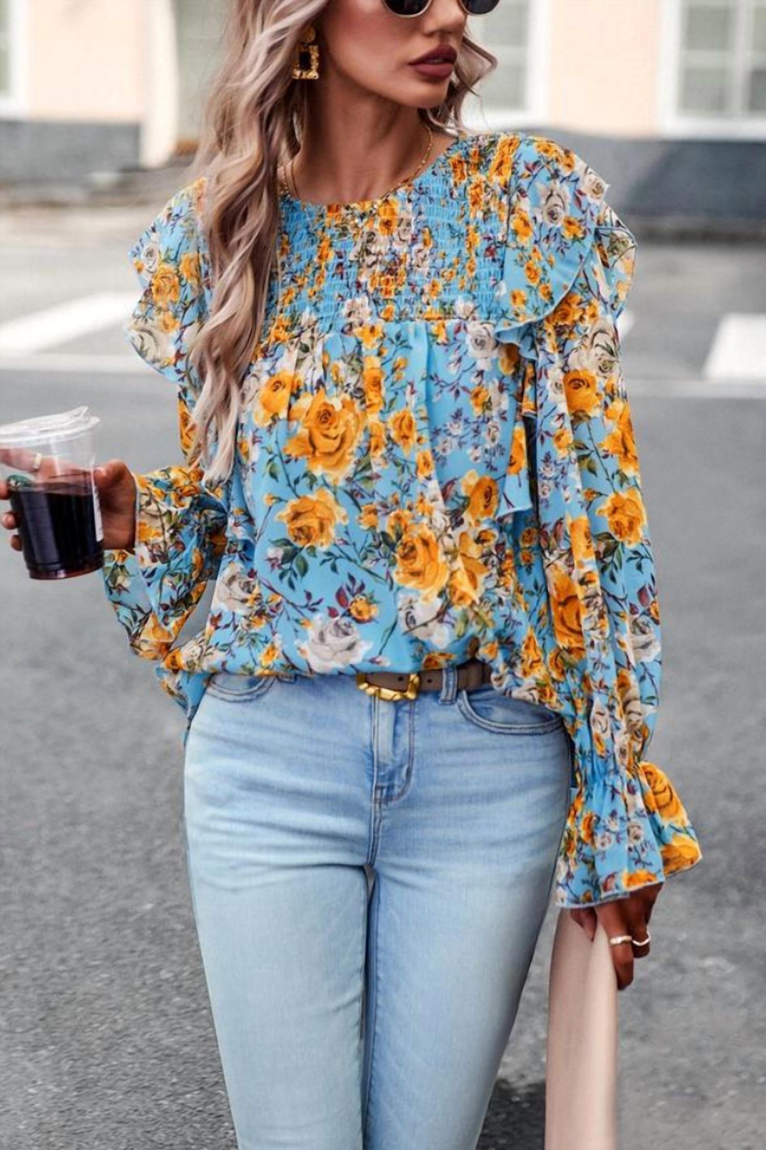 Epretty - Bright Floral Print Smocked Ruffle Trim Blouse