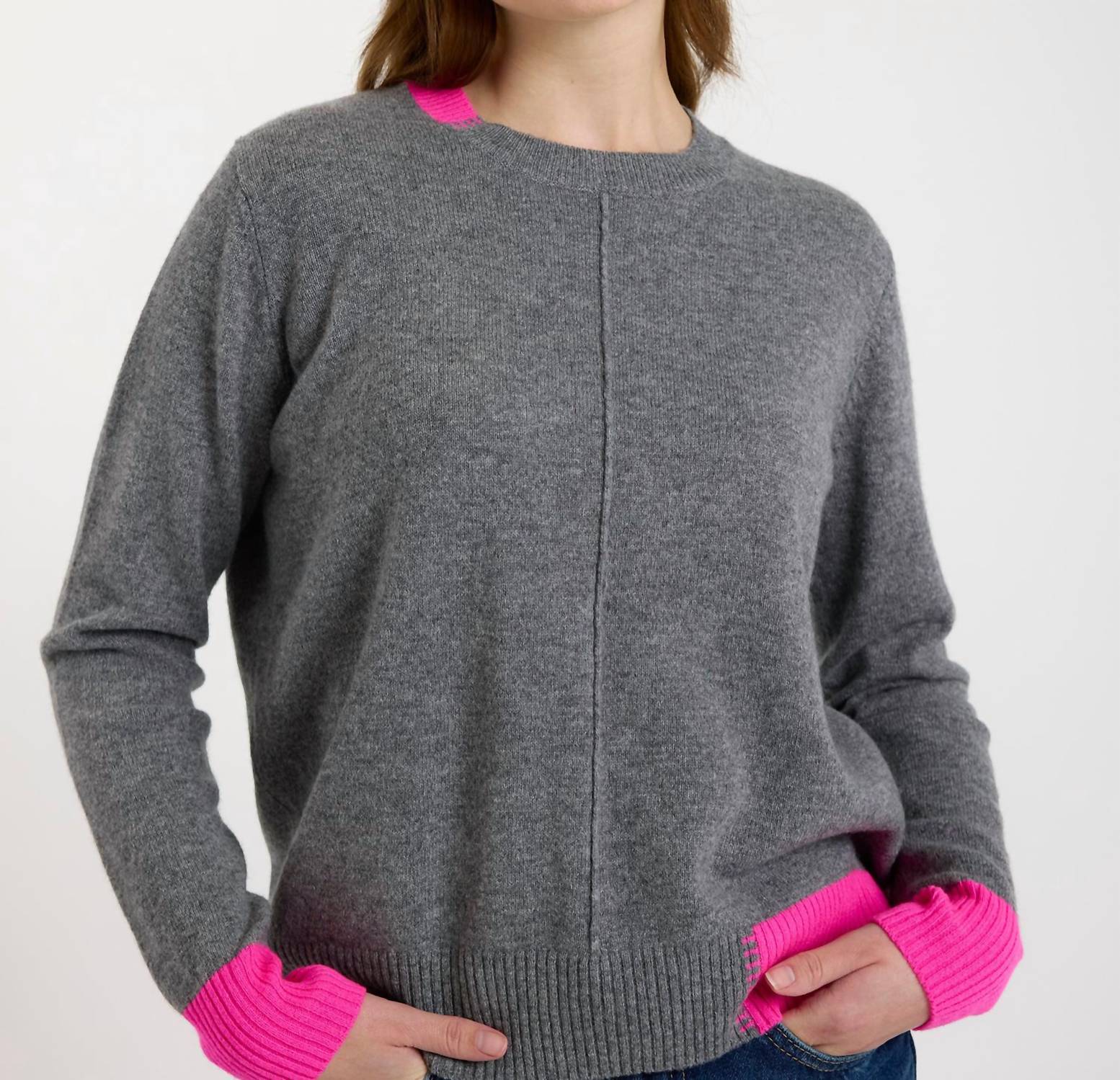 Brodie Cashmere Colour Pop Maya Cashmere Jumper in mid grey - women's sweater - detail view