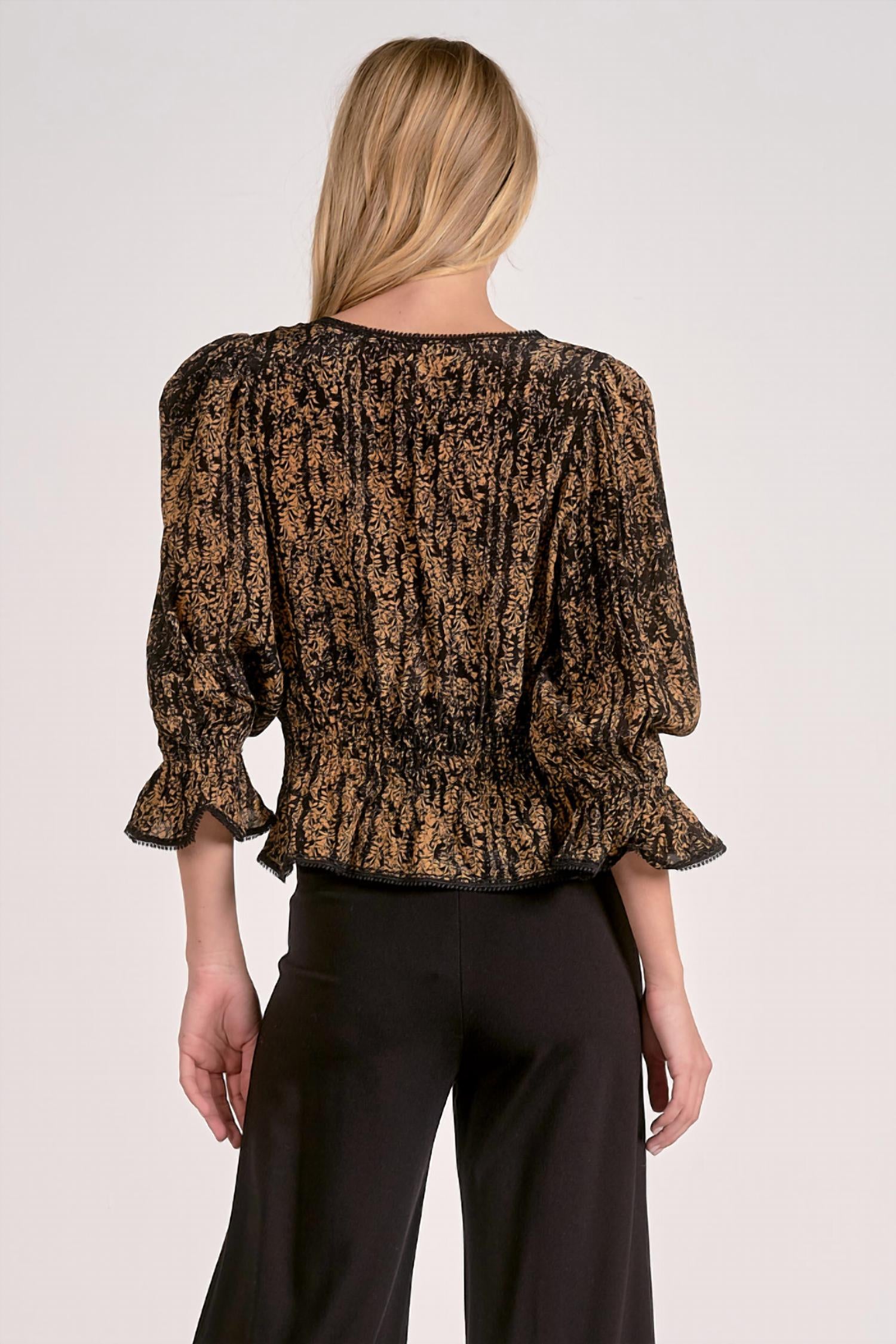 Elan - Autumn Blouse Smocked Ruffle Long Sleeve Top
