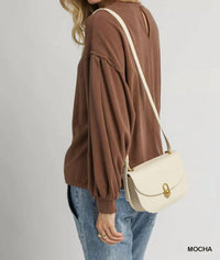 umgee Linen Long Sleeve Top With Drawstring in mocha - women's long sleeve top - alternate view