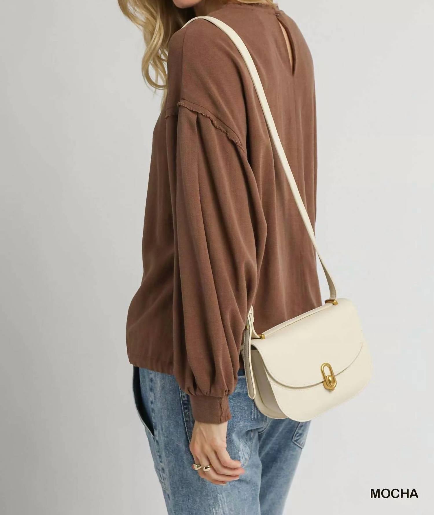 umgee Linen Long Sleeve Top With Drawstring in mocha - women's long sleeve top - alternate view