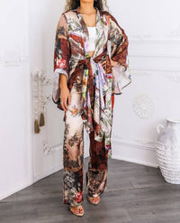 Surelymine - Golden Hour Boho Luxe Kimono Set Printed Duster & Wide-leg Pants