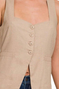 Zenana - Linen Tie-back 4-button Vest With Lining