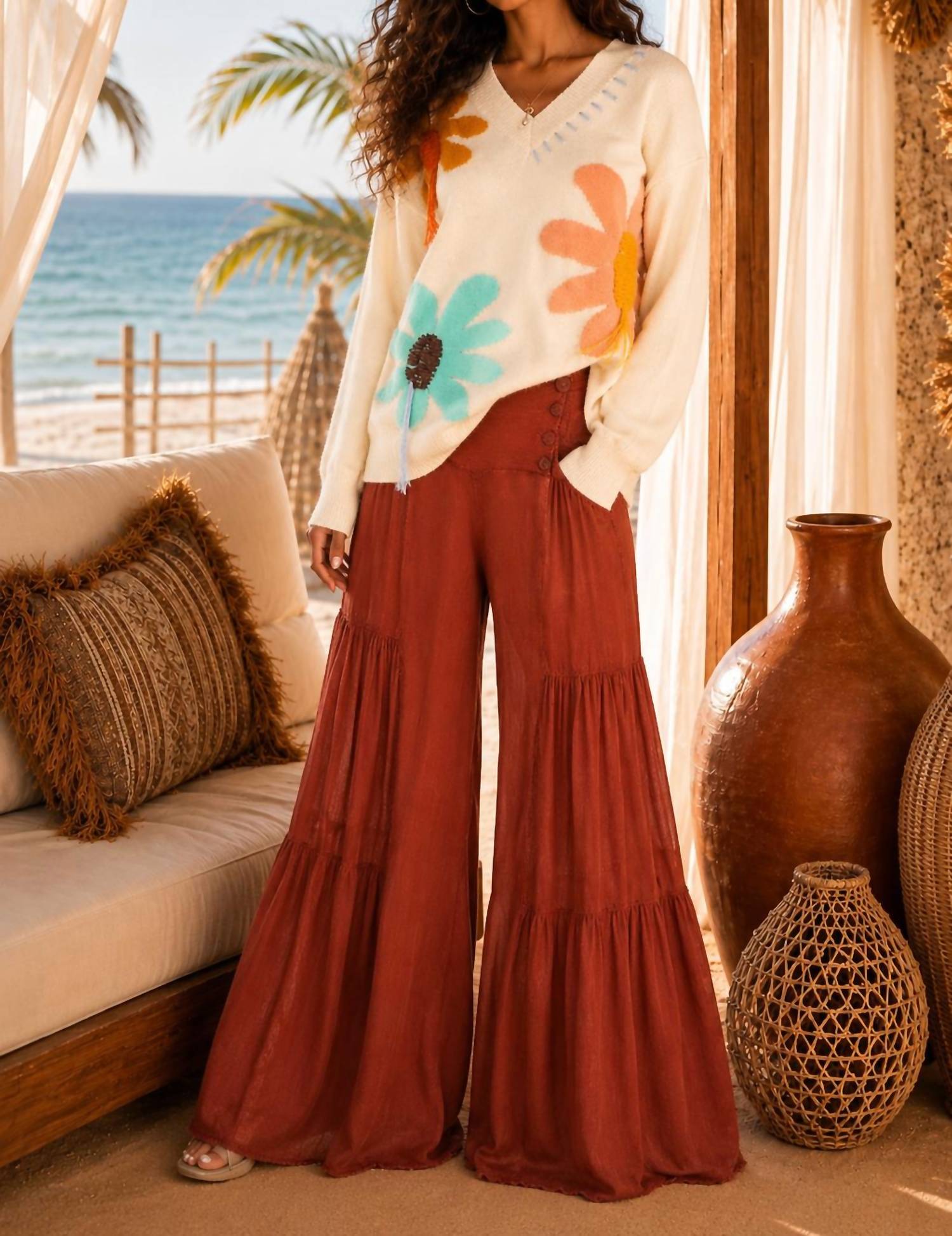 Little Secret Of Mine - Long Sleeve Elegant V-neck Floral Sweater