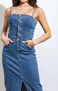 FLYING TOMATO Hold Please Denim Dress in medium indigo - women's dress - detail view