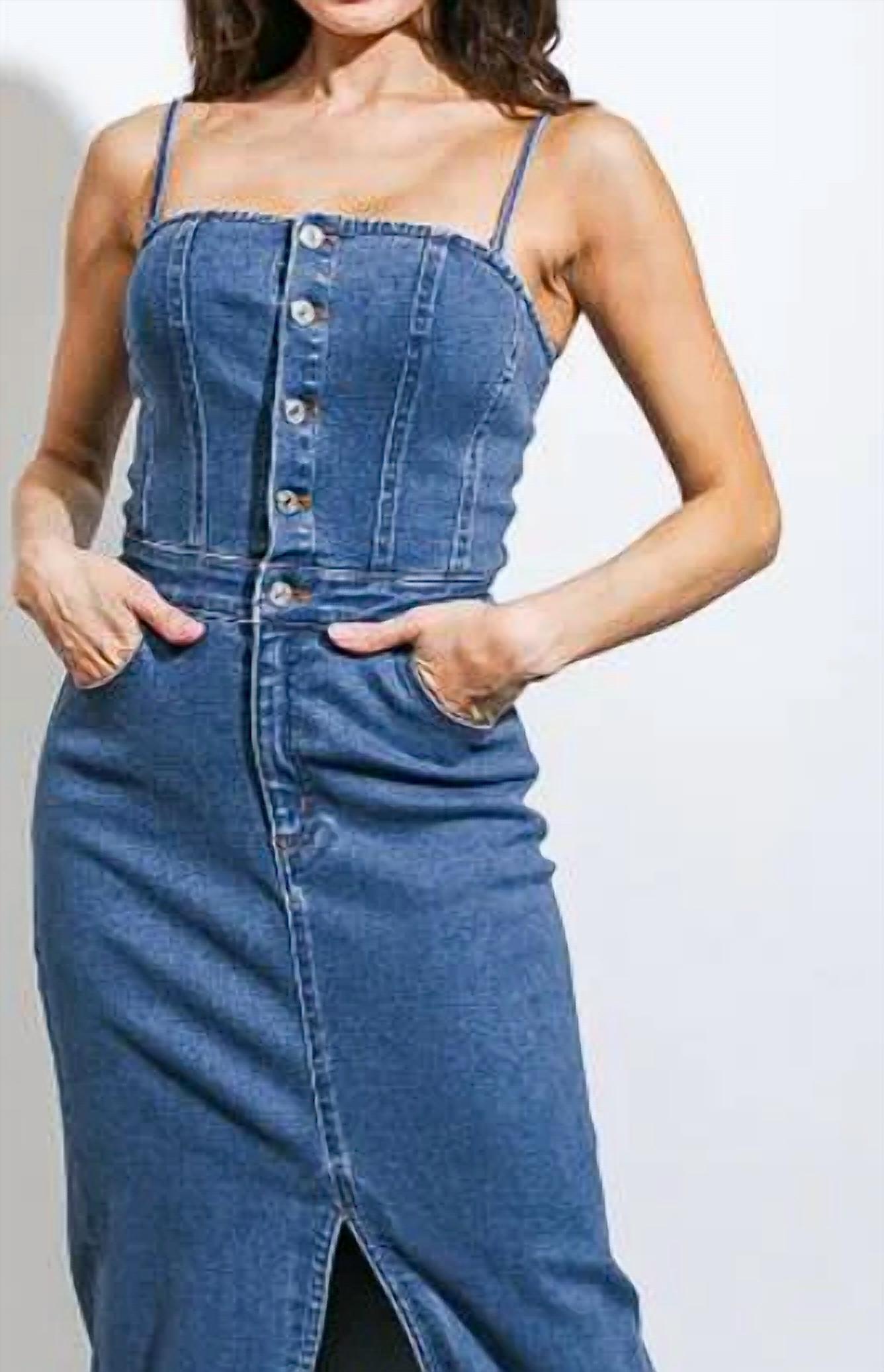 FLYING TOMATO Hold Please Denim Dress in medium indigo - women's dress - detail view