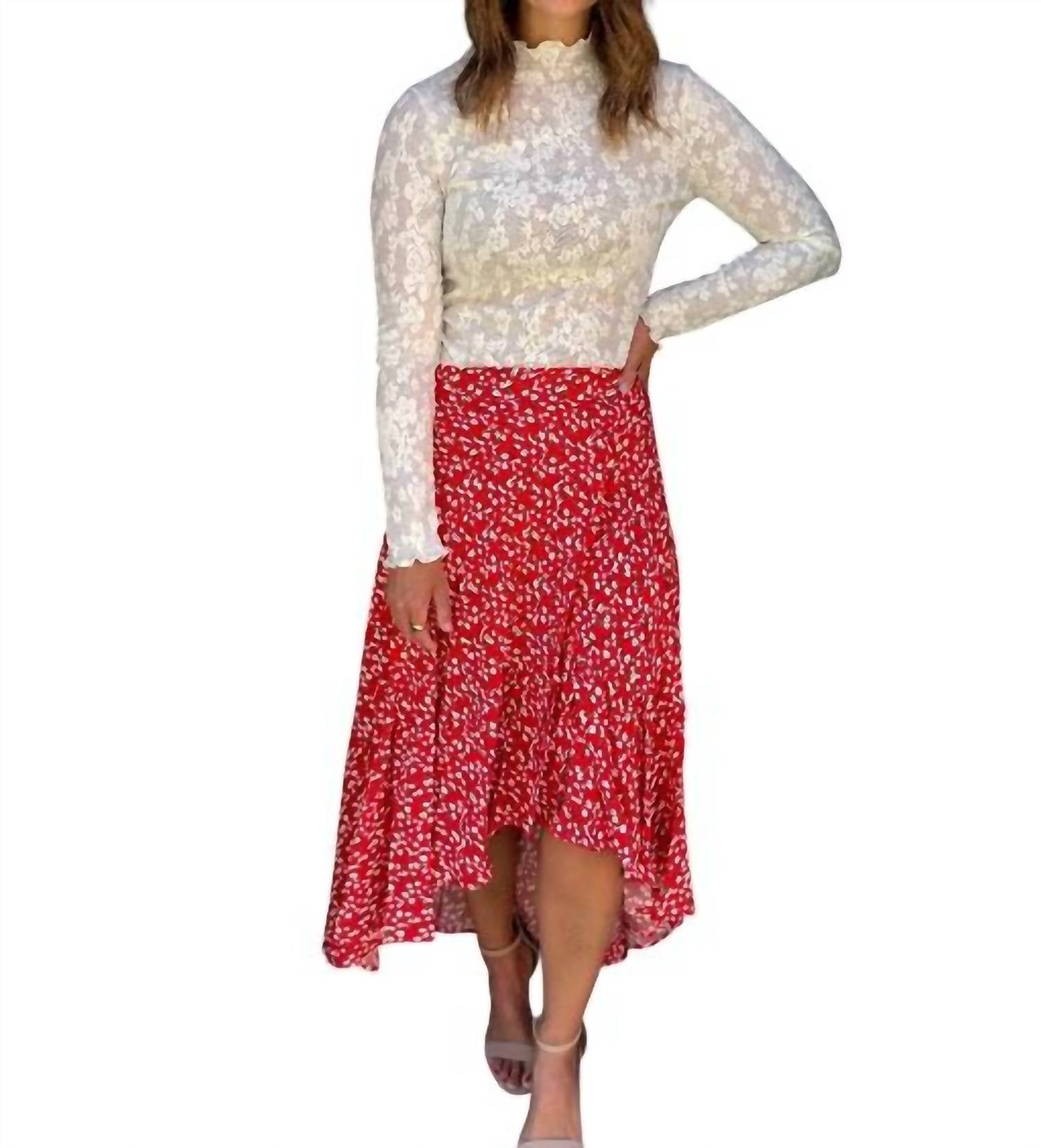 AEMI + CO Berti Floral Wrap Skirt in red - women's skirt - detail view