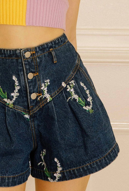 Storia - Embroidered Floral Baggy Denim Shorts