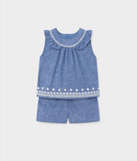Mayoral - Girl's Soft Denim Embroidered Short Set