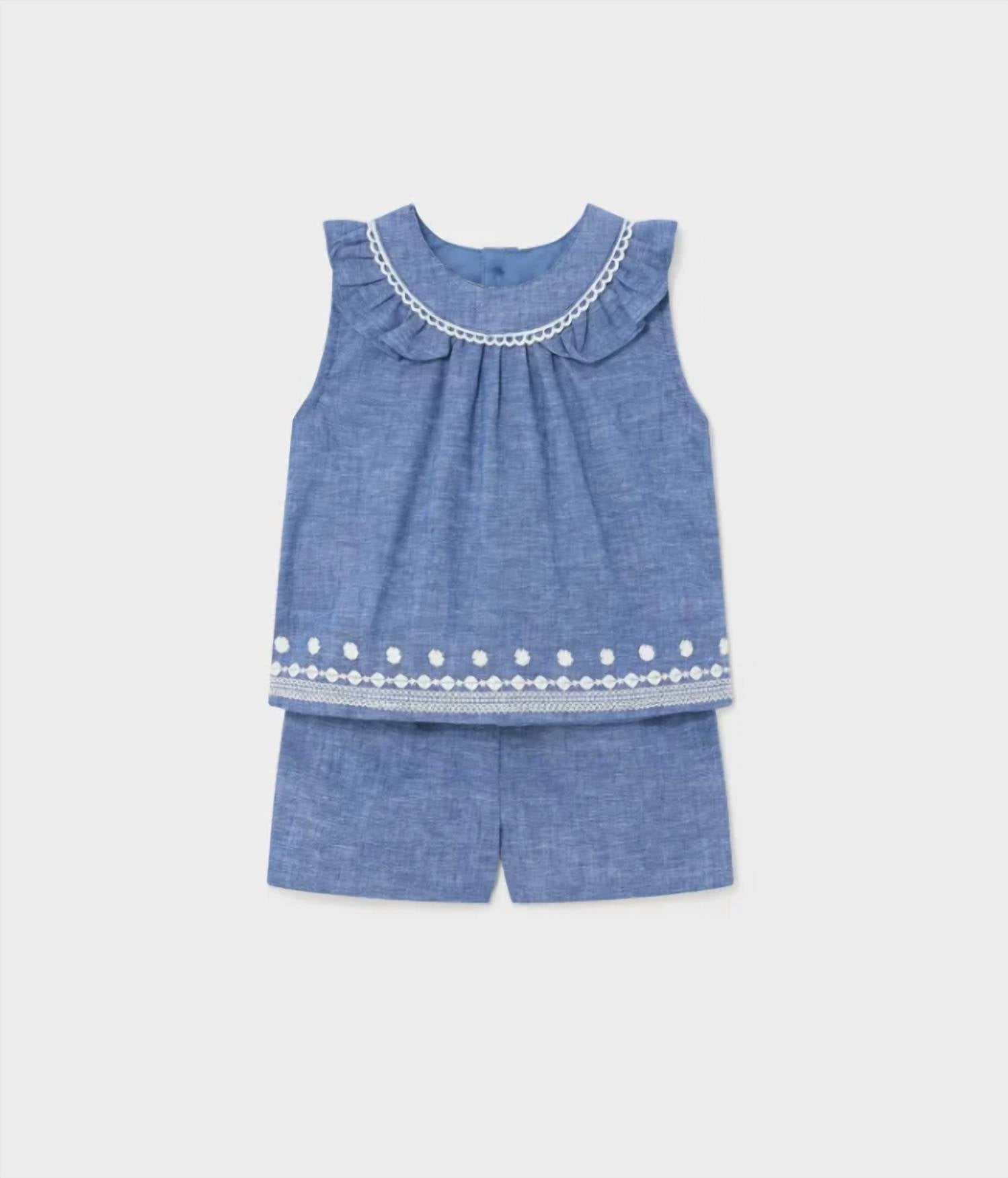 Mayoral - Girl's Soft Denim Embroidered Short Set