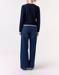 Brodie Cashmere Double Contrast Crew Neck Sweater in navy - women's sweater - detail view