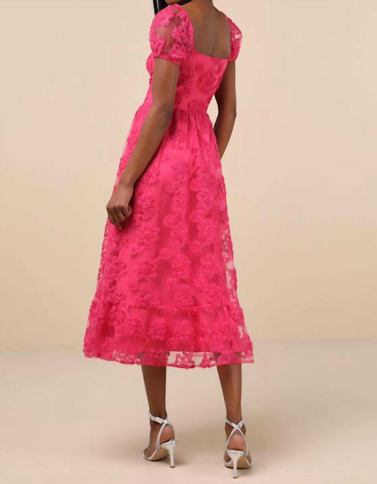 Lulus Women's Notable Elegance Applique Bustier Midi Dress in fuchsia - women's dress - detail view