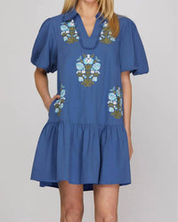 She + Sky - Embroidered Collar V-neck Dress