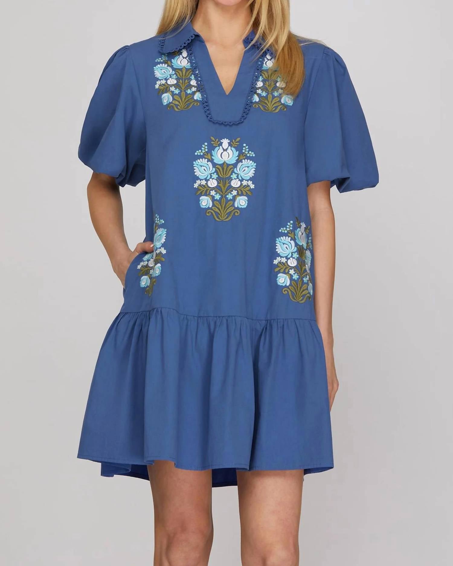She + Sky - Embroidered Collar V-neck Dress