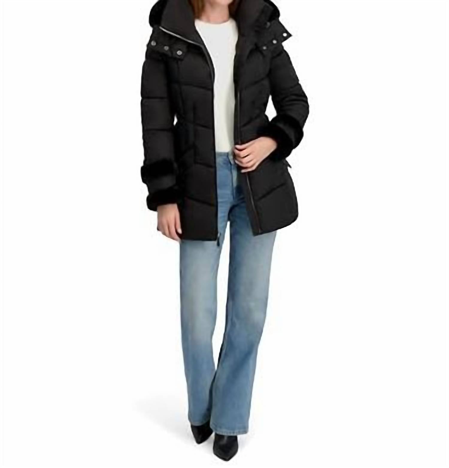 Laundry By Shelli Segal - Stretch Quilted Puffer Coat With Faux Fur Trim Puffers
