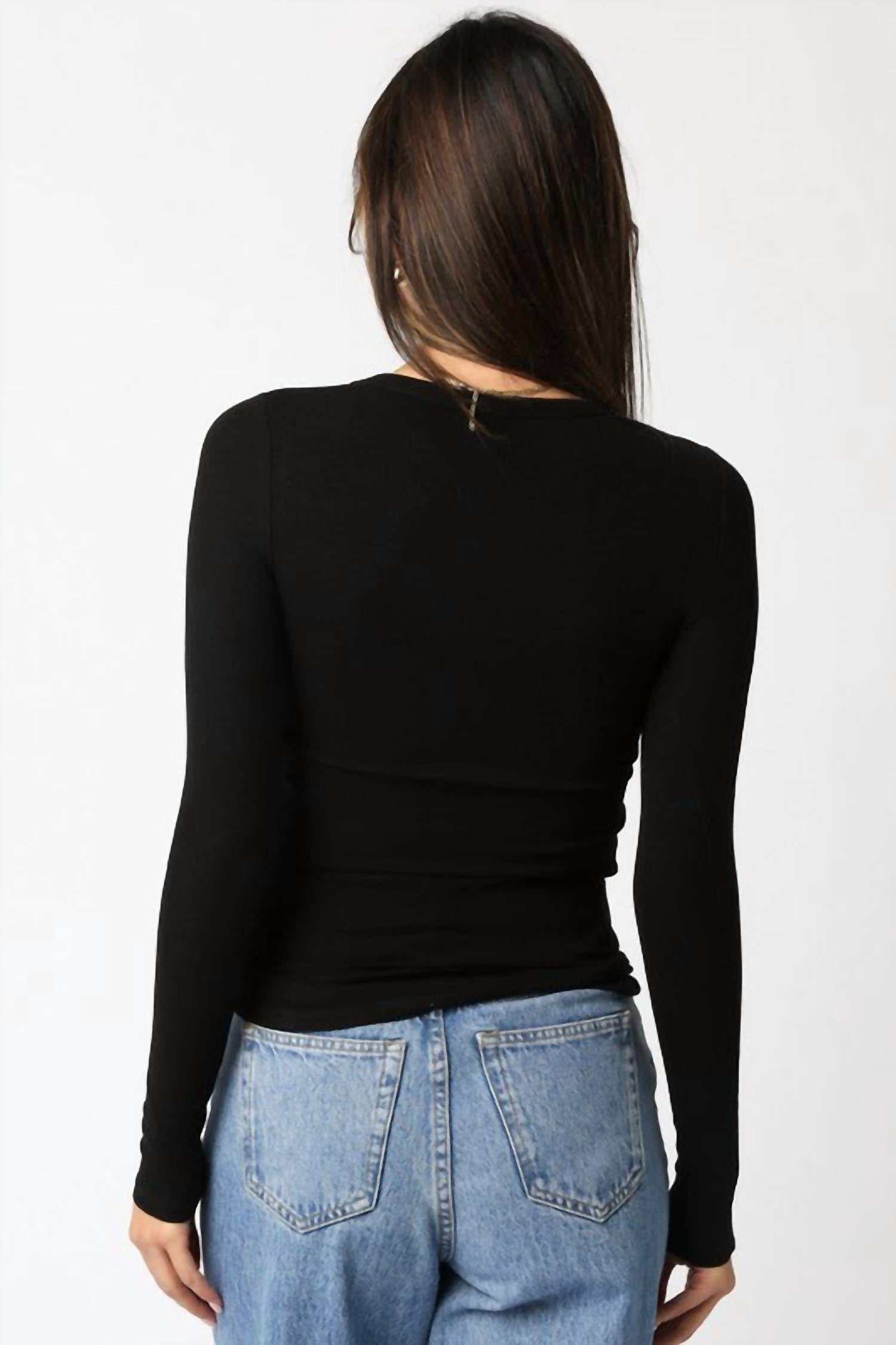 OLIVACEOUS Cassie Long Sleeve Ribbed Top in black - women's long sleeve top - detail view