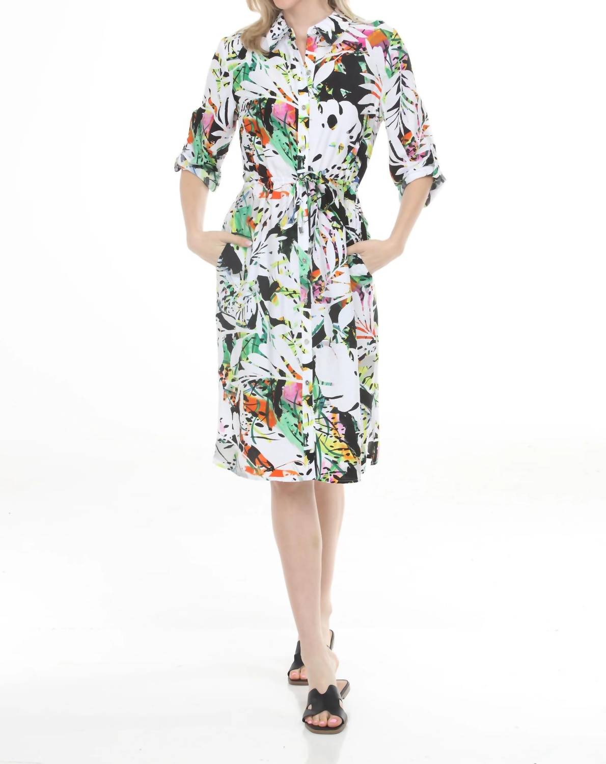 Joseph Ribkoff - Tropical Drawstring Waist Shirt Dress