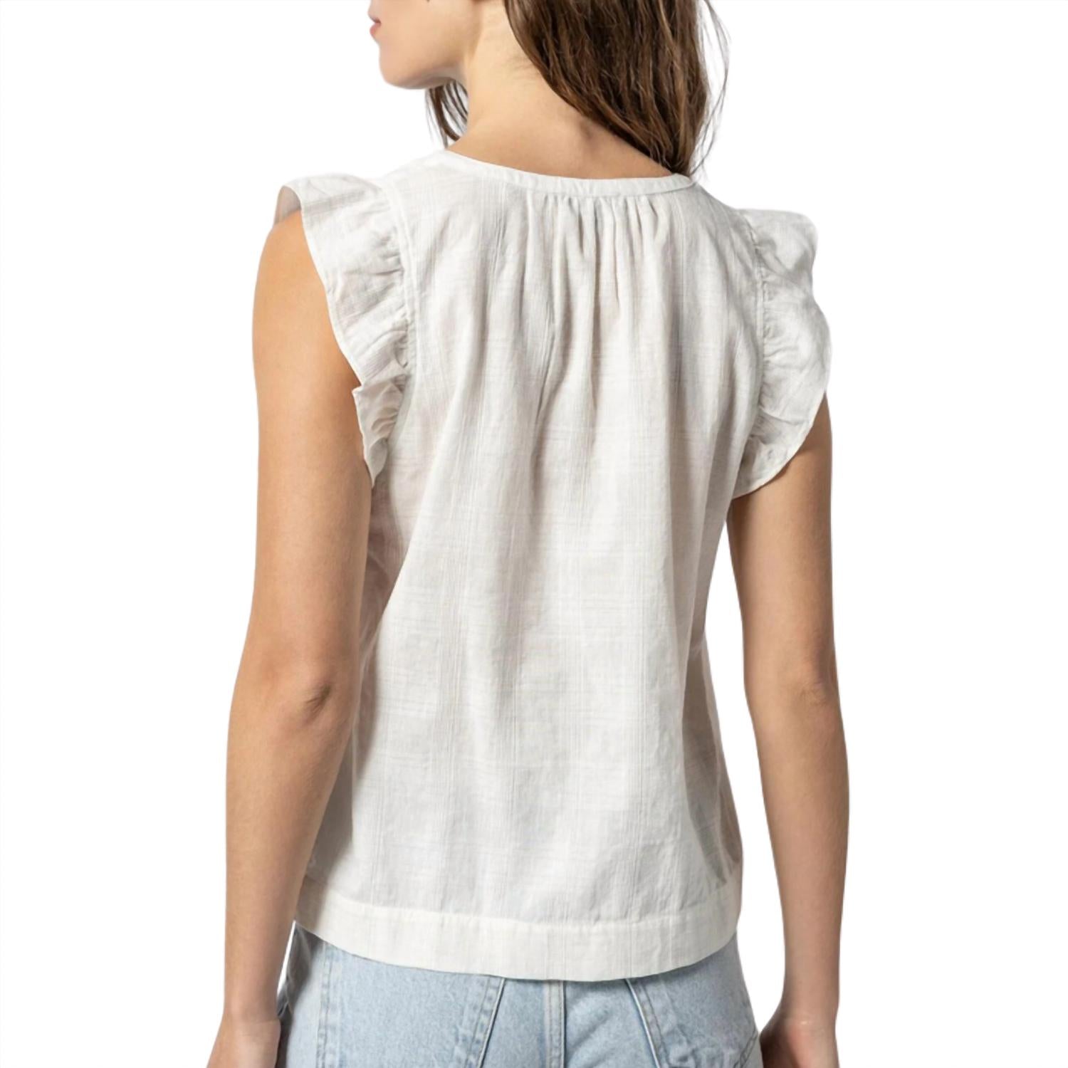 Lilla P Women's Flutter Sleeve Split Neck Top in white - women's blouse - detail view
