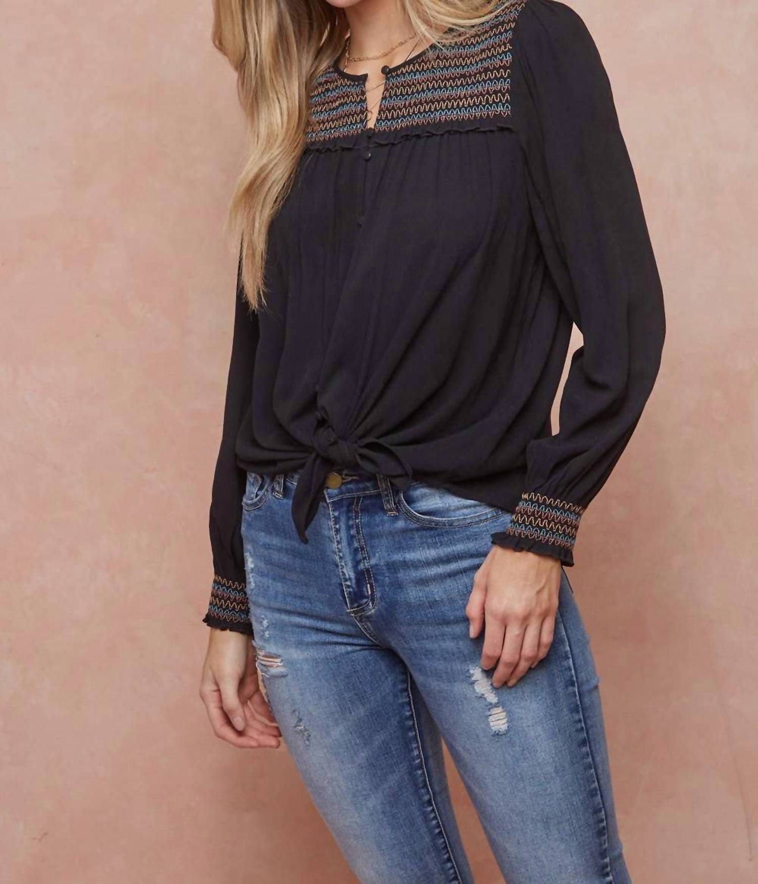 Doe And Rae - Embroidered Smocked Blouse