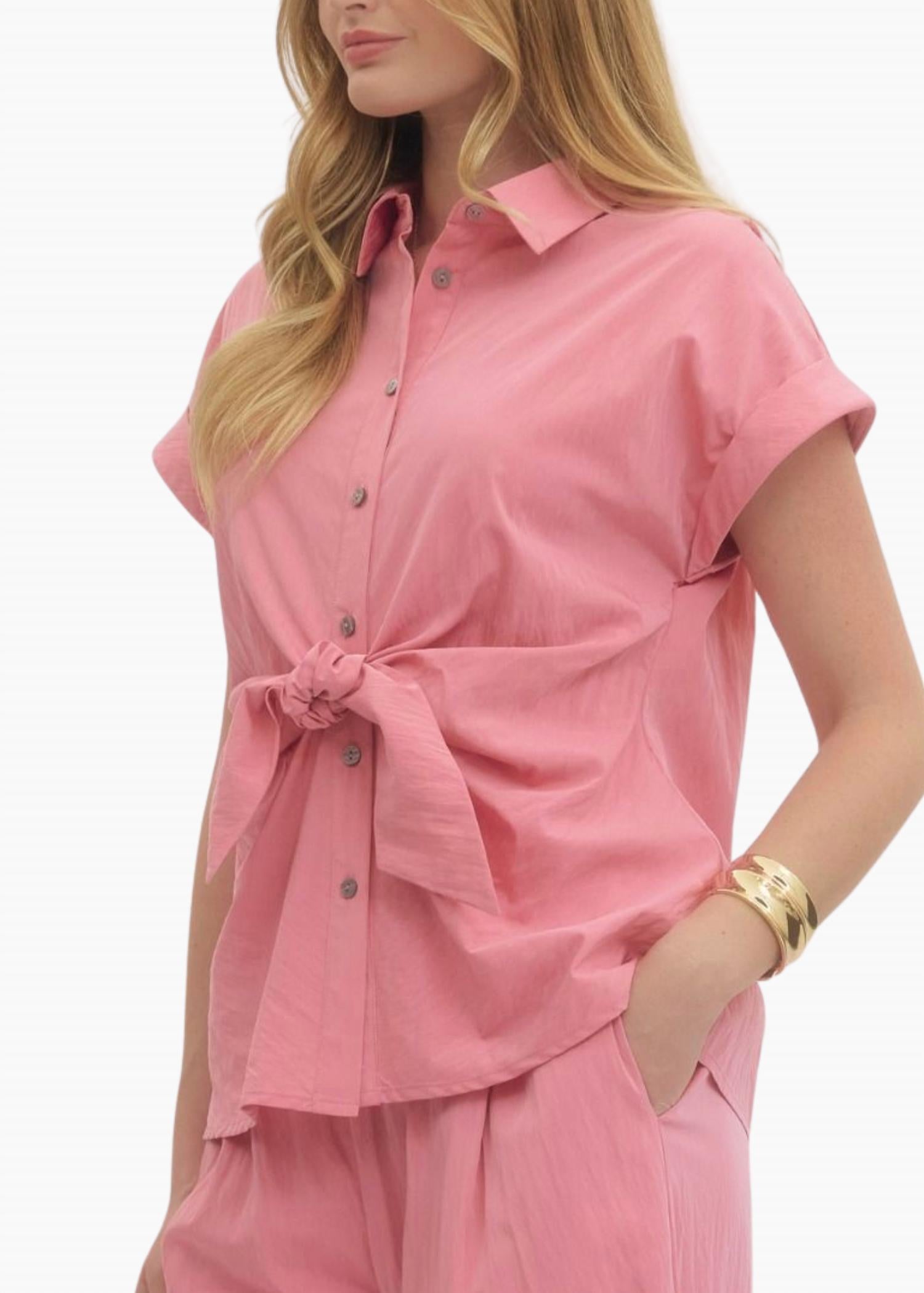 entro Mila Tie Detail Top in light pink - women's shirt - alternate view