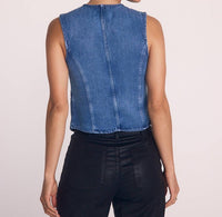 Bella Dahl High Neck Fitted Vest in medium vintage wash - women's jacket - detail view
