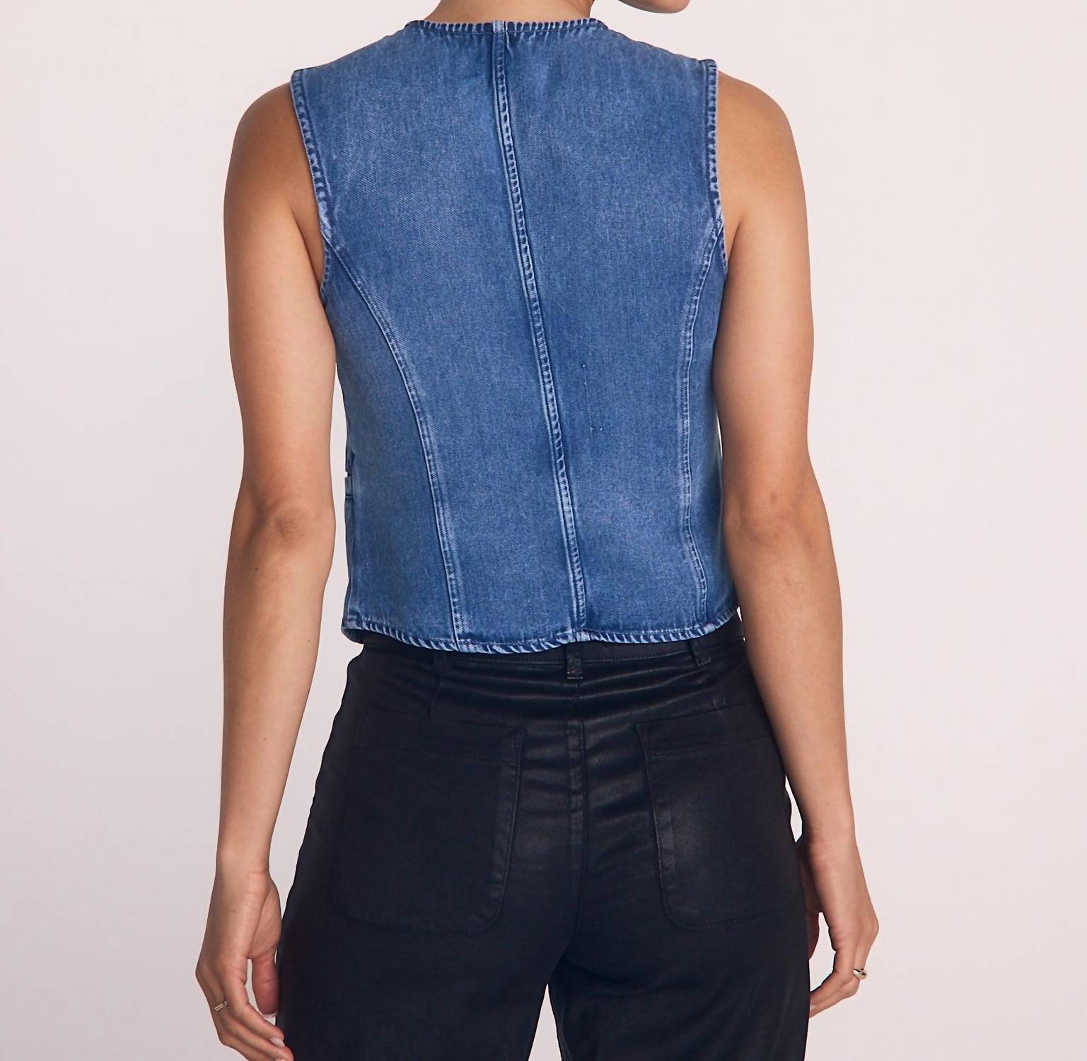 Bella Dahl High Neck Fitted Vest in medium vintage wash - women's jacket - detail view