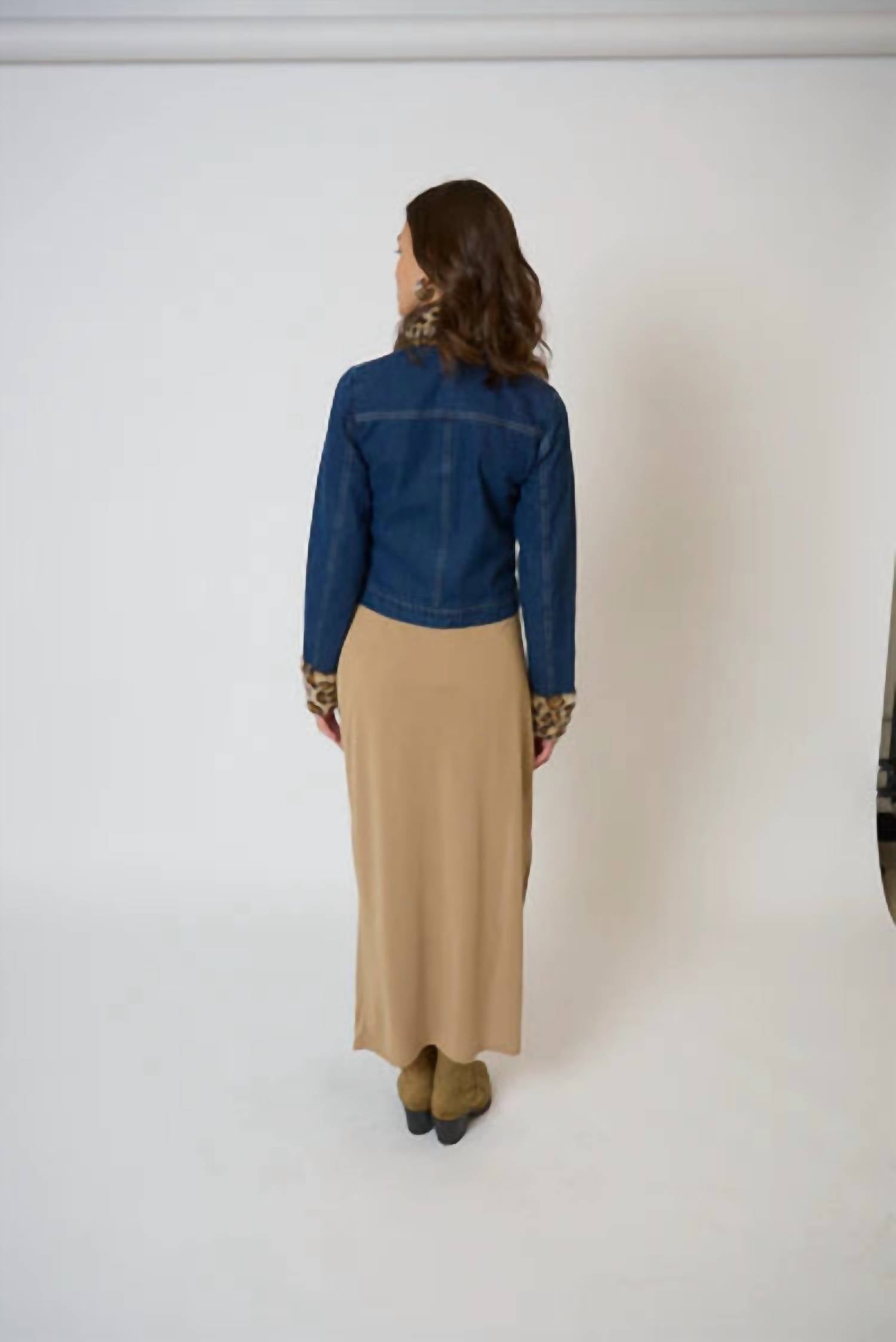 Central Park West Gia Denim And Fur Jacket in blue and brown - women's jacket - detail view