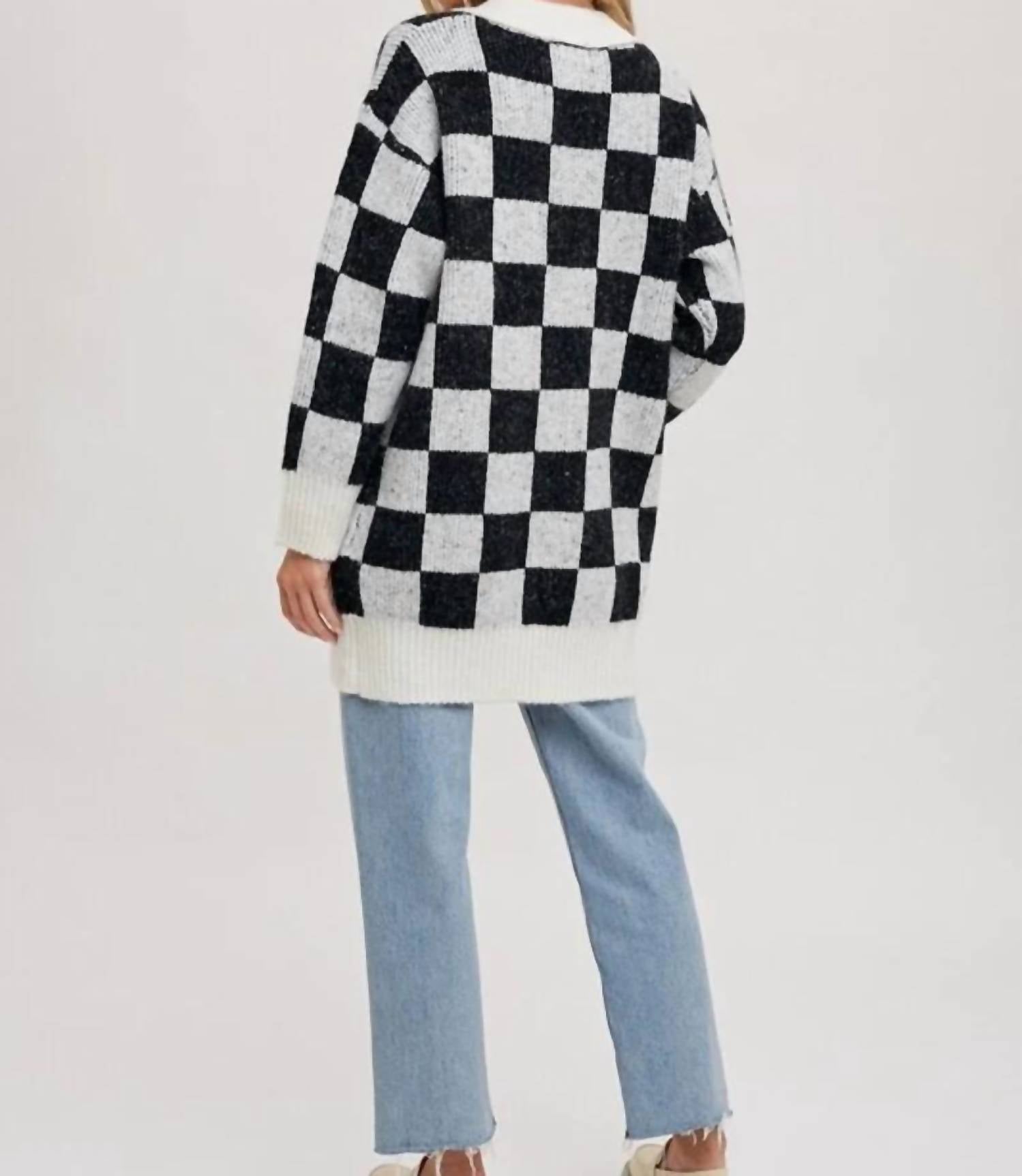 BluIvy Checkered Sweater Cardigan in ivory black - women's cardigan - detail view