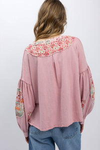 Blue Velvet - Patchwork Balloon Sleeve Top