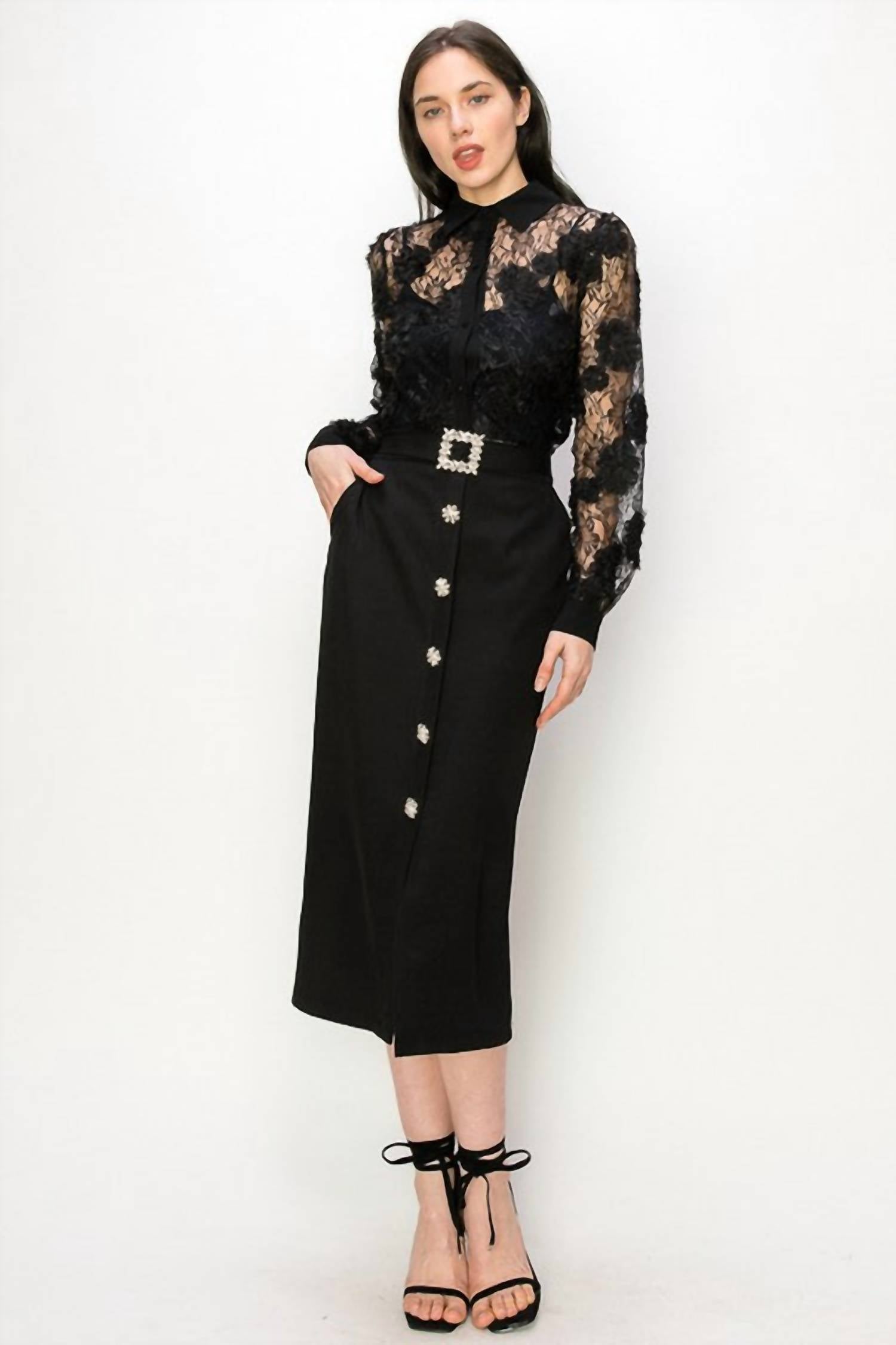 Ina Fashion - Long Sleeve 3d Floral Lace Button Front Blouse