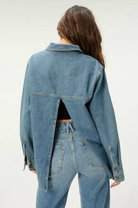 GOOD AMERICAN Split Back Shirt Jacket in blue - women's jacket - detail view