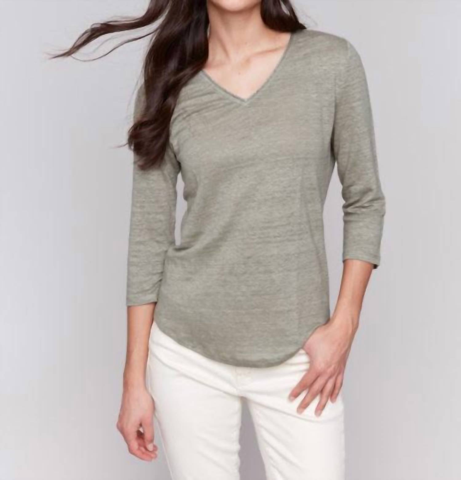 CHARLIE B 3/4 Sleeve V-neck Top - Plus in celadon - women's blouse