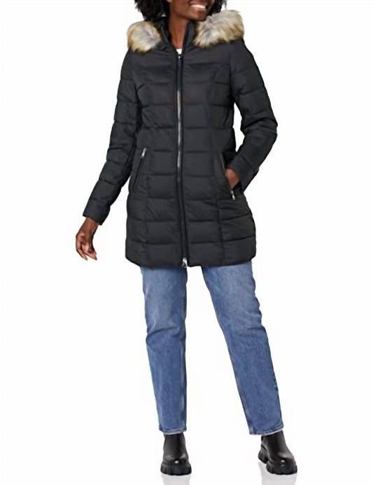 WOMEN'S STRETCH 3/4 PUFFER JACKET WITH FAUX FUR STRIPED HOOD