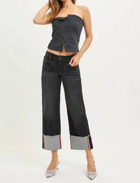 RISEN Tummy Control Mid Rise Crop Wide Cuffed Jeans in charcoal - women's jeans - view 4