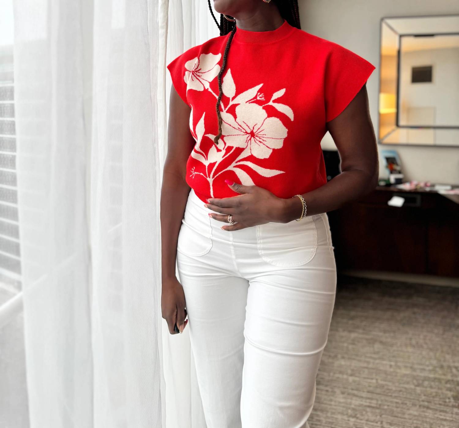 Ee:Some - Solene Cap Sleeve Floral Mock Neck Sweater