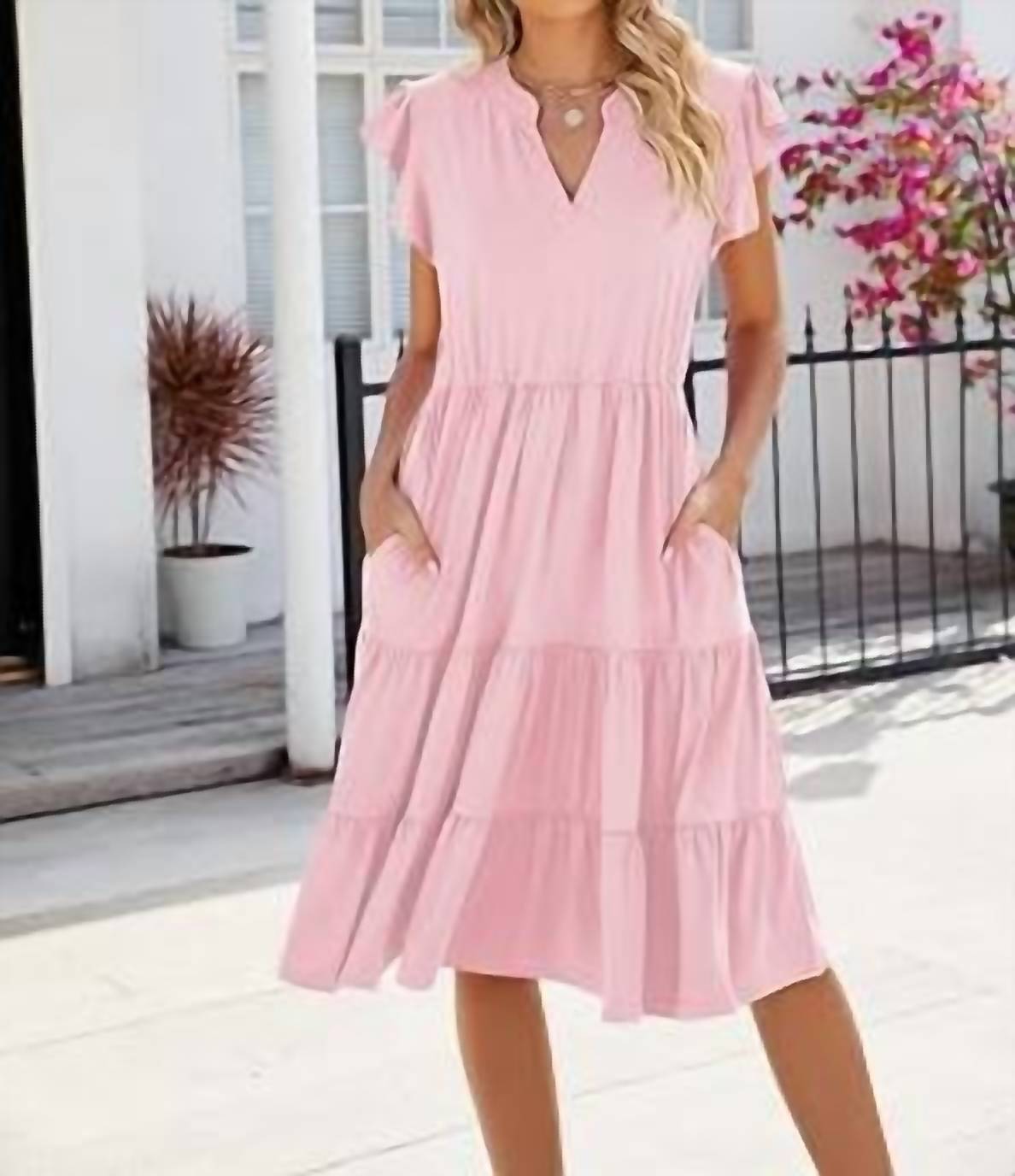 Suhkasana - V Neck Short Sleeve Tiered Dress