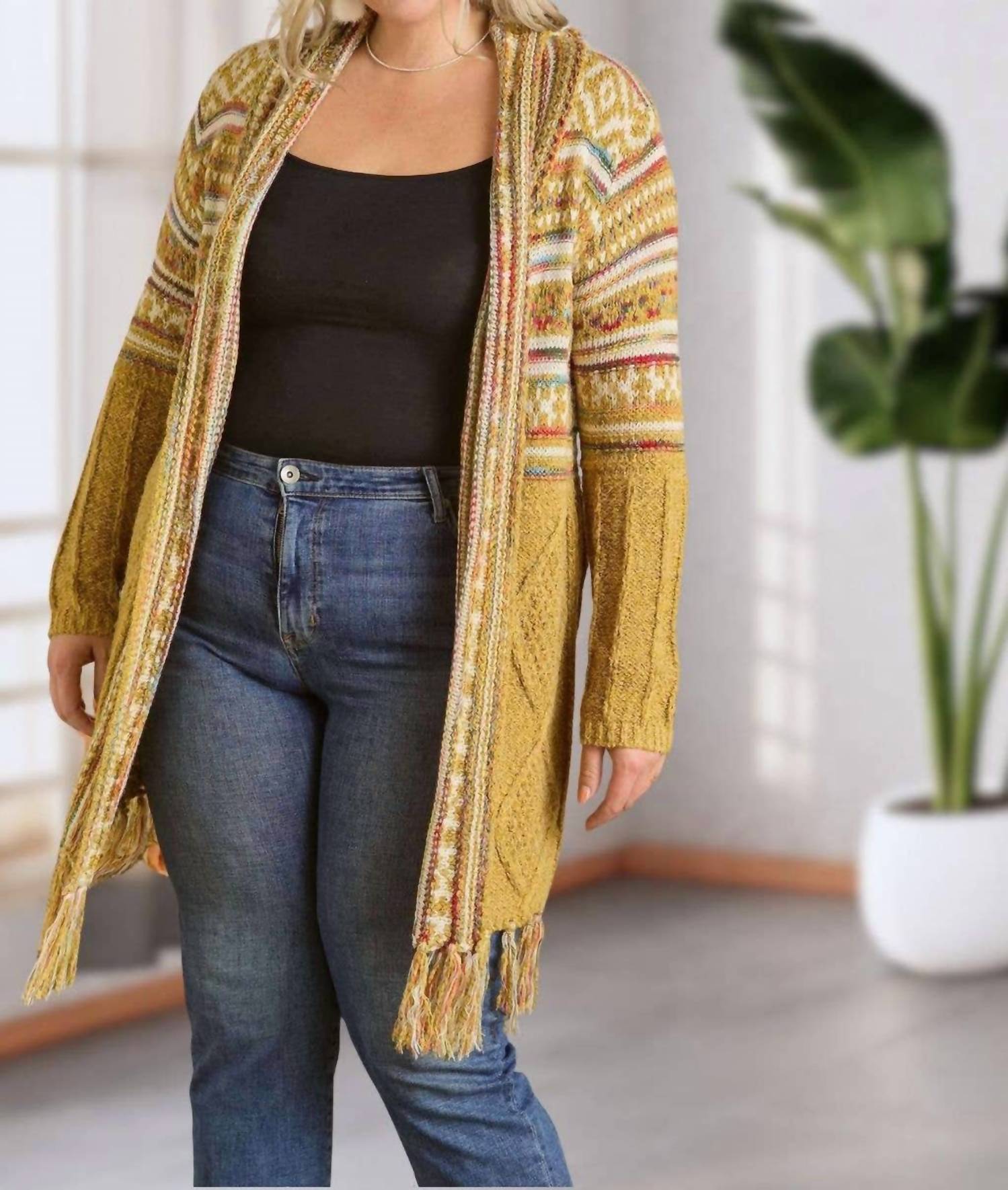 ADORA Maya Fringe Hem Aztec Cardigan -plus in mustard - women's sweater - view 5