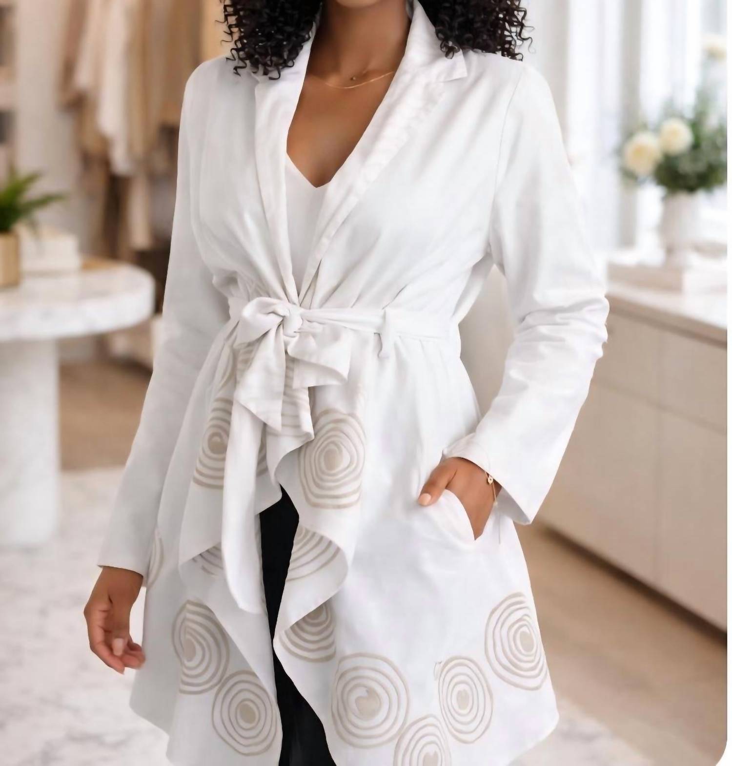 Step in Style Artisan Spiral Belted Statement Jacket in style artisan spiral belted statement jacket in white gold - women's jacket