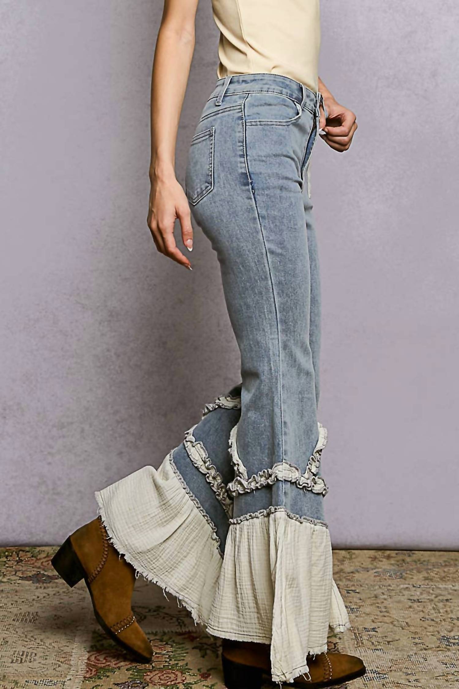Pol - Vintage Washing Solid Double Gauze Ruffle Twill Pants