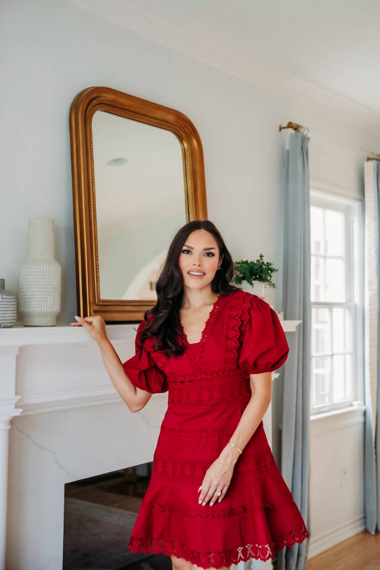 Karlie - Solid Lace Trim V-neck Puff Sleeve Dress